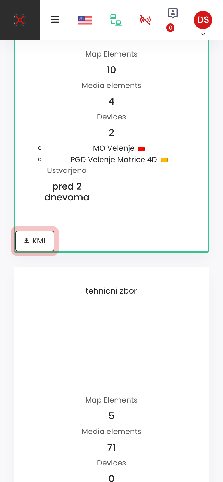 Gumb KML na telefonu