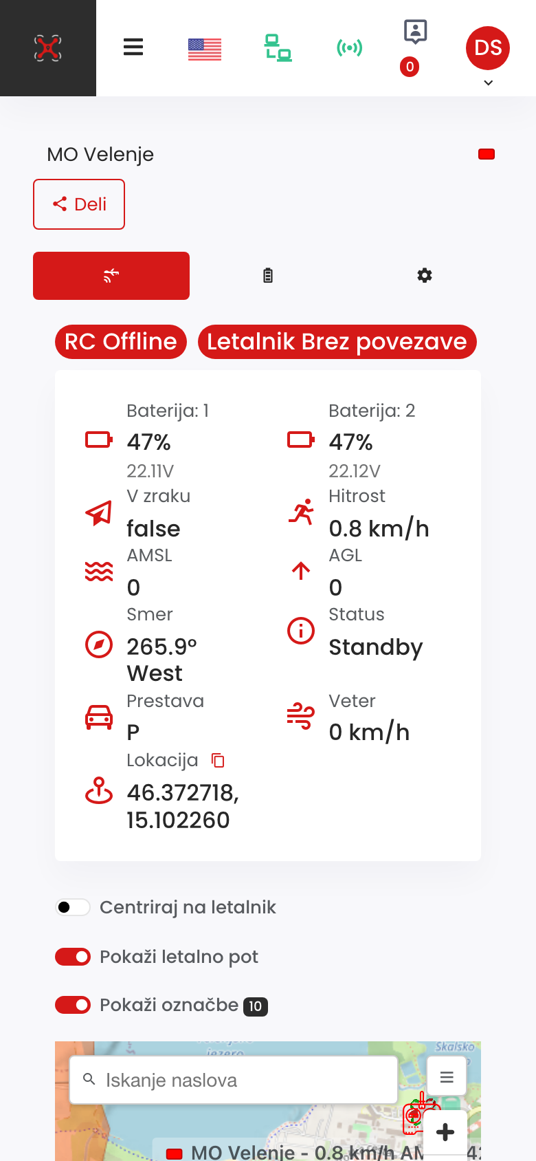 Stran drona na telefonu